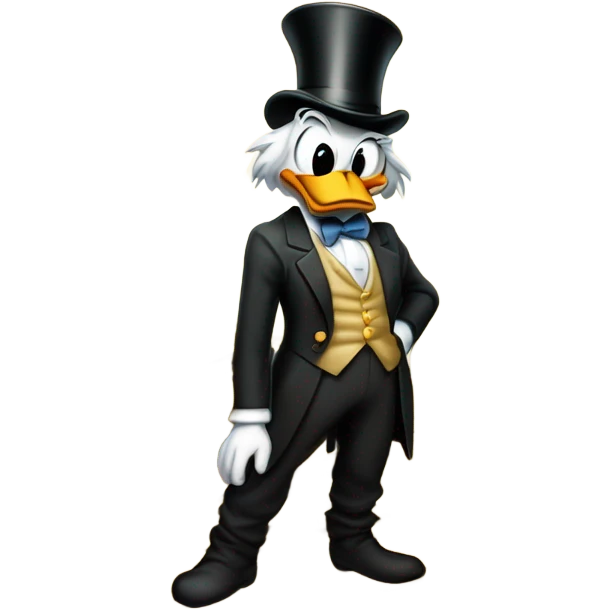 a slim successful looking scrooge mcduck standing atop a pile of money emoji