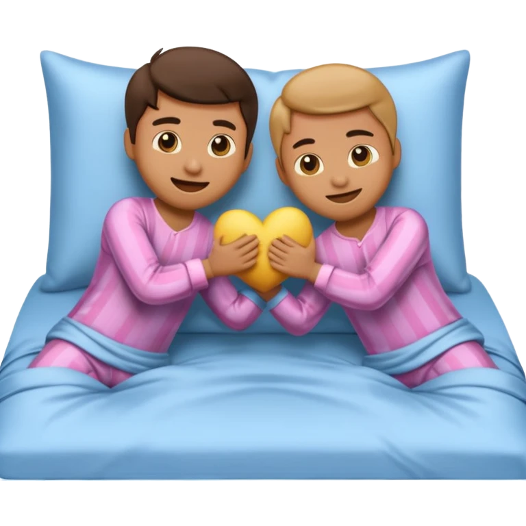 cute emoji couple in pajamas, playfully hitting each other with pillows on a bed with smooth silk sheets emoji