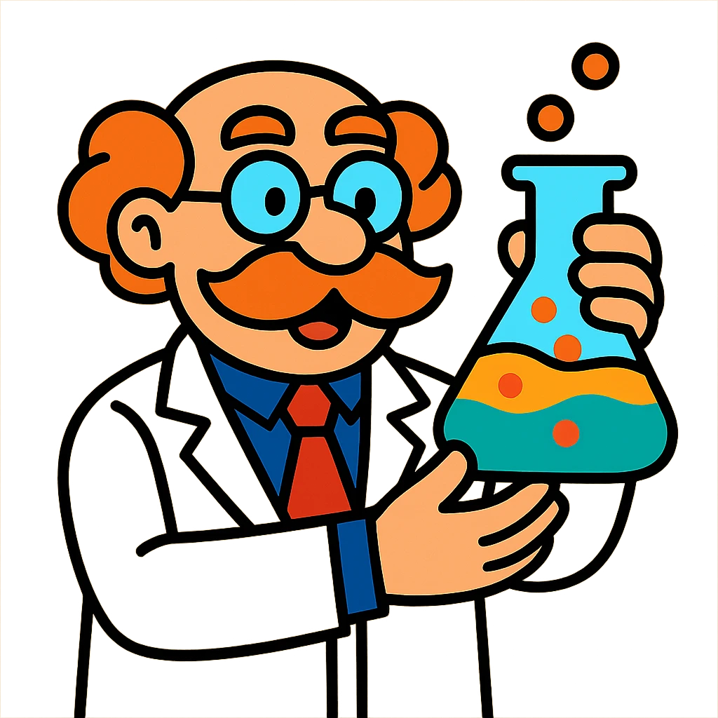 cartoon scientist with big mustache, holding a flask with colorful liquid emoji