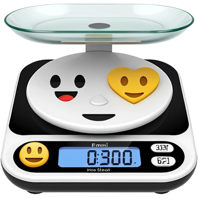 iOS-style 3D emoji: a small digital kitchen scale with a flat platform and an LCD screen displaying 0 g. emoji