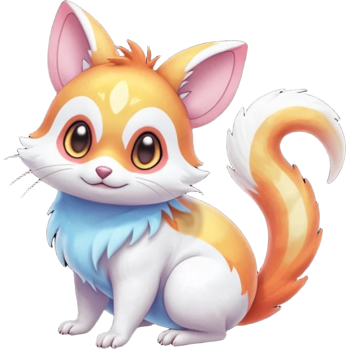 Shiny iridescent light warmly colored reddish-orange-gold-gradients neon vibrant bioluminescent colorful pastel flourishing flurry fuzzy Absol-Minccino-Furret-Zangoose-Chinchilla-Stitch-fusion-animal-Fakémon-hybrid-creature  emoji