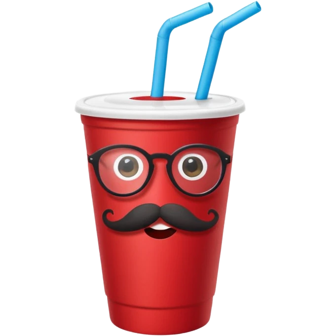paper red cup and white straw, the cup has eyes and mouth and glassess and mustache emoji