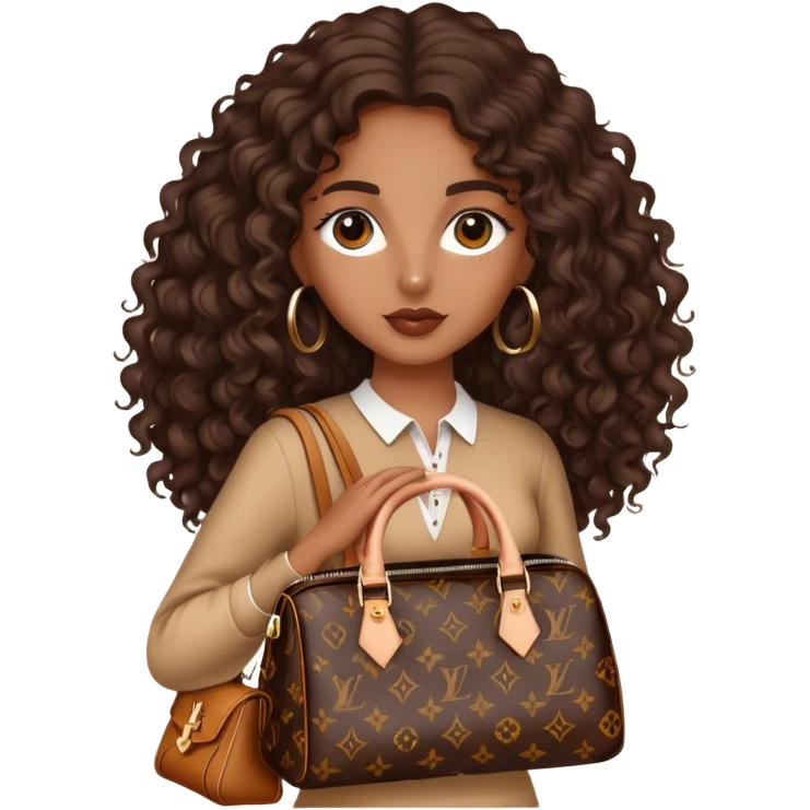 Brown girl with long dark brown long curly hair carrying h Louis Vuitton bag emoji