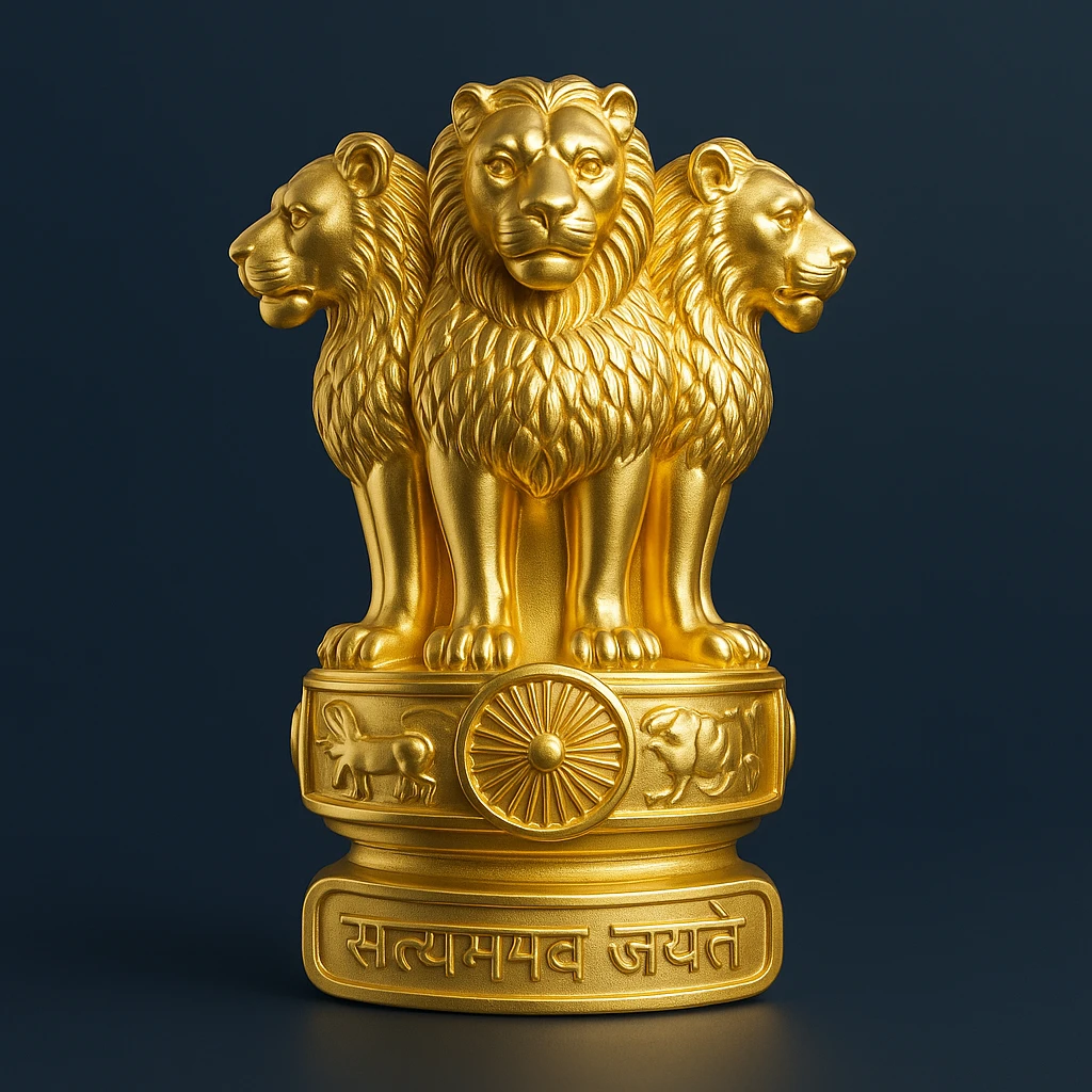 Golden Satyamev Jayate symbol with dark blue background, modern and clean design, high contrast emoji