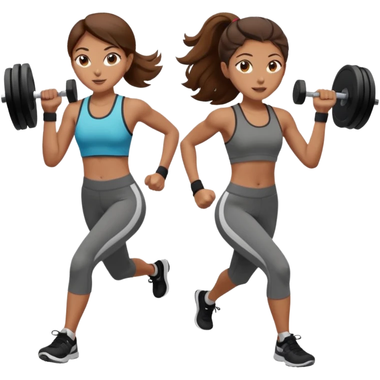 two women, one running and one lifting weights. brown hair, olive skin, hazel eyes. emoji