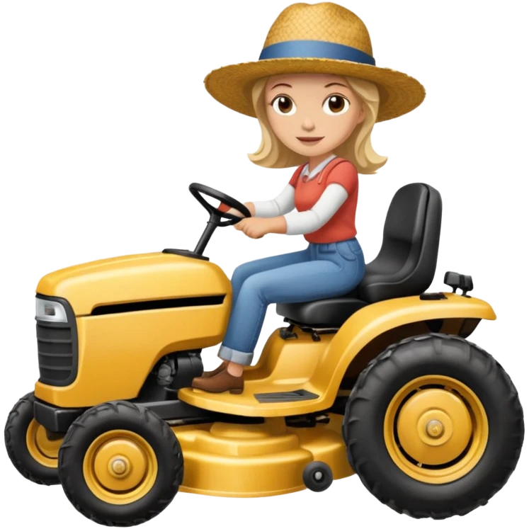 White woman without glasses wearing a straw hat, on old Westwood ride on lawn mower.  emoji