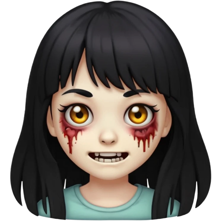 zombie girl emoji with black eyes, long black hair with bangs, creepy smile expression emoji