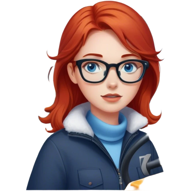 lady with shoulder length red hair, blue eyes and glasses inside a big Snowplow emoji