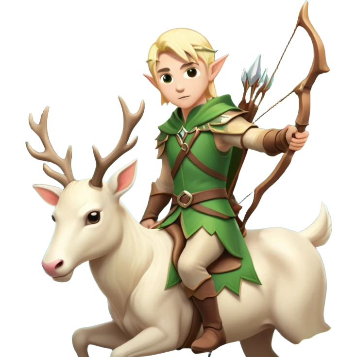 clash-of-clans-aesthetic-blond-male elf-archer-portrait-emoji, rendered in a flat, vector-style with minimal shading and bold, simplified shapes, head tilted slightly forward with a determined, focused expression, riding a majestic white stag whose antlers glow with mystical energy, set against an ancient, enchanted forest backdrop. emoji