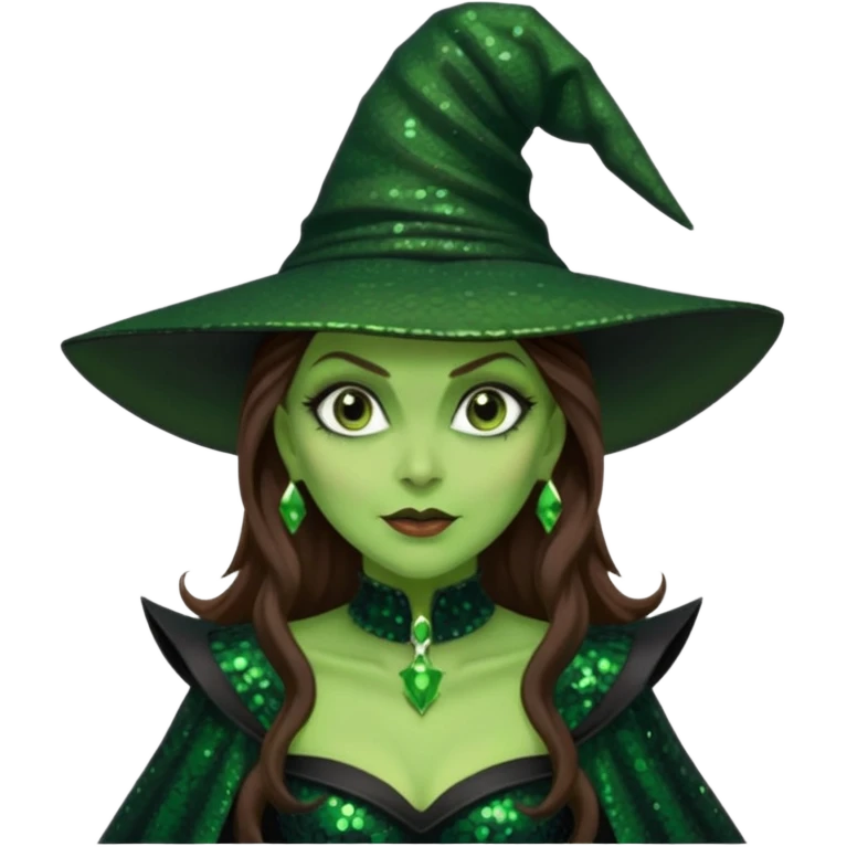 The Wicked Witch from Oz with long brown hair, green skin, black sequin outfit emoji