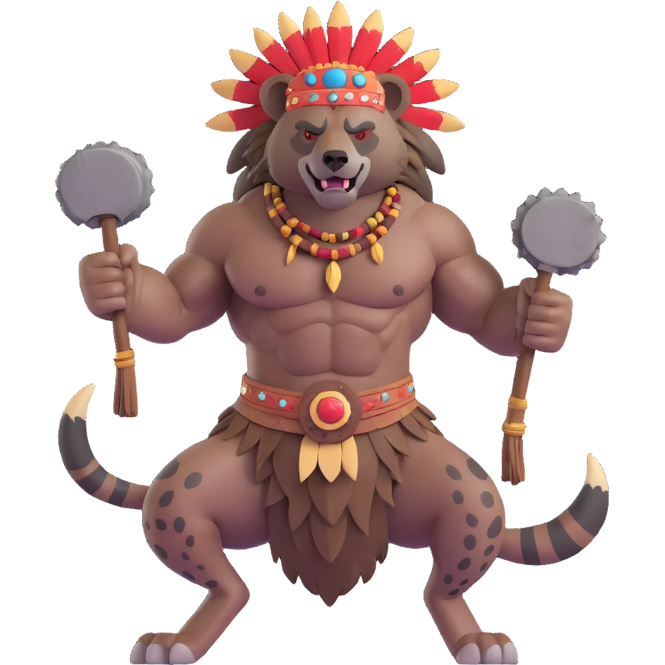 A native strong buff hyena with war bonnet flexing posing full body holding a chopped off human head by the hair  emoji