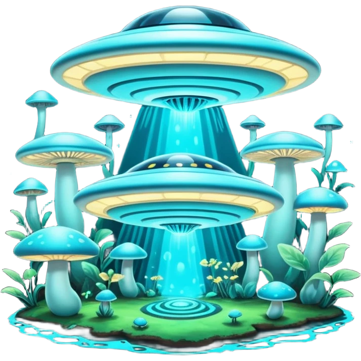 extraterrestrial futuristic otherworldly cyan bioluminescent neon-glowing aesthetic scenery flying saucers UFOs mushroom floating flying hovering object emoji