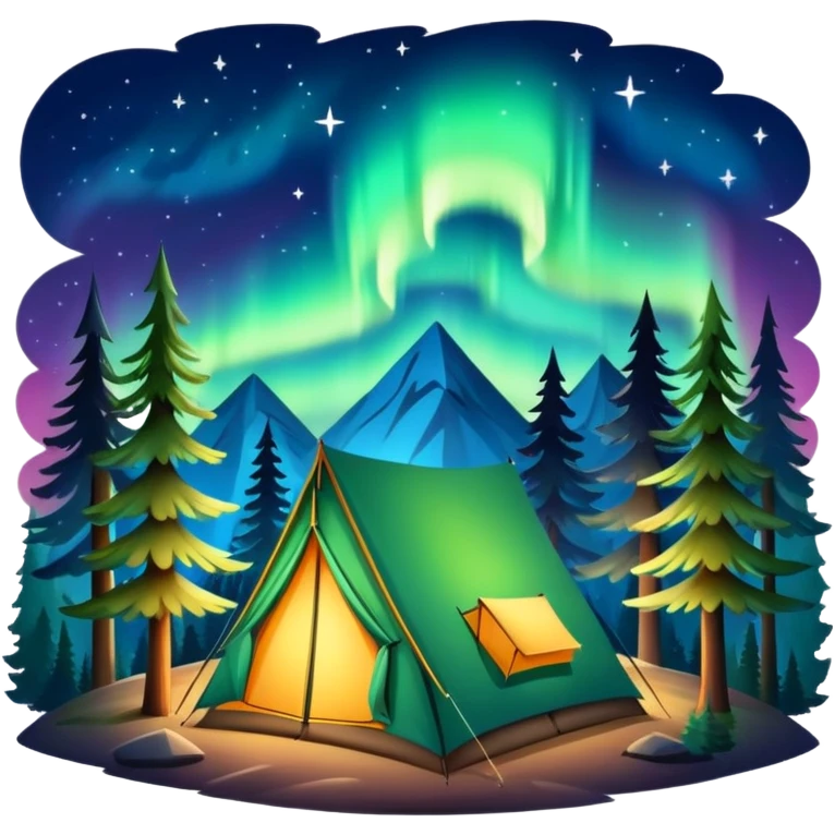 northern lights over pine forest with camping tent emoji