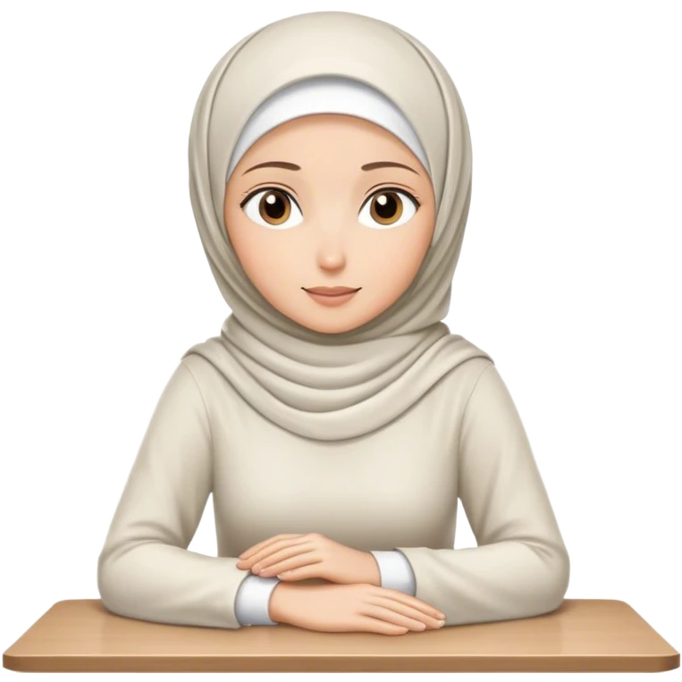 white hijab women are listening with her hands folded on the table. emoji