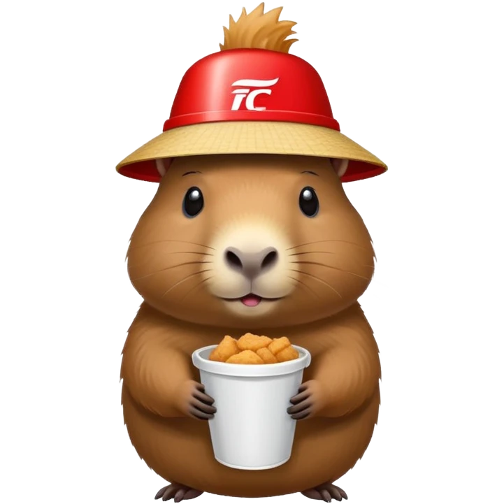 Capybara wearing a tiny KFC bucket as a hat on its head emoji