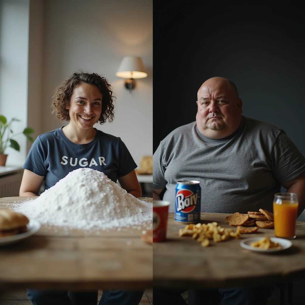 realistic split-screen scene: left side social media experts happily promoting sugar, bright background and filters; right side shows a tired and overweight person surrounded by snacks and sugary drinks, dark and sad environment; strong contrast, 4K quality emoji