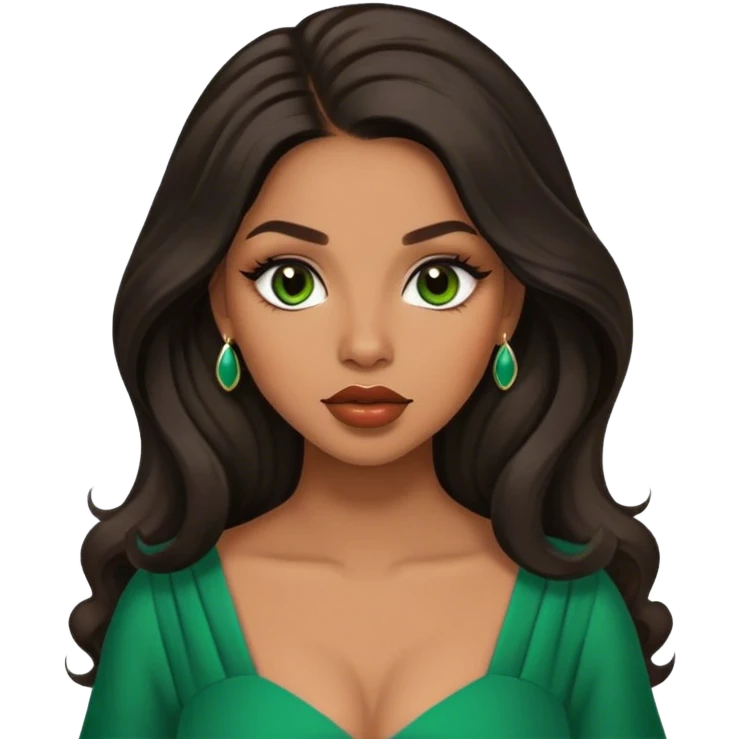 light brown skin tone, very beautiful woman, with big plump lips, long long lashes, black long wavy hair, middle hair parting, brown eyes, green dress emoji