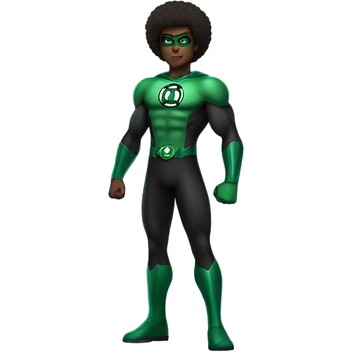 A full body Muscular Afro teenage boy standing in a green and black Green Lantern superhero costume. emoji