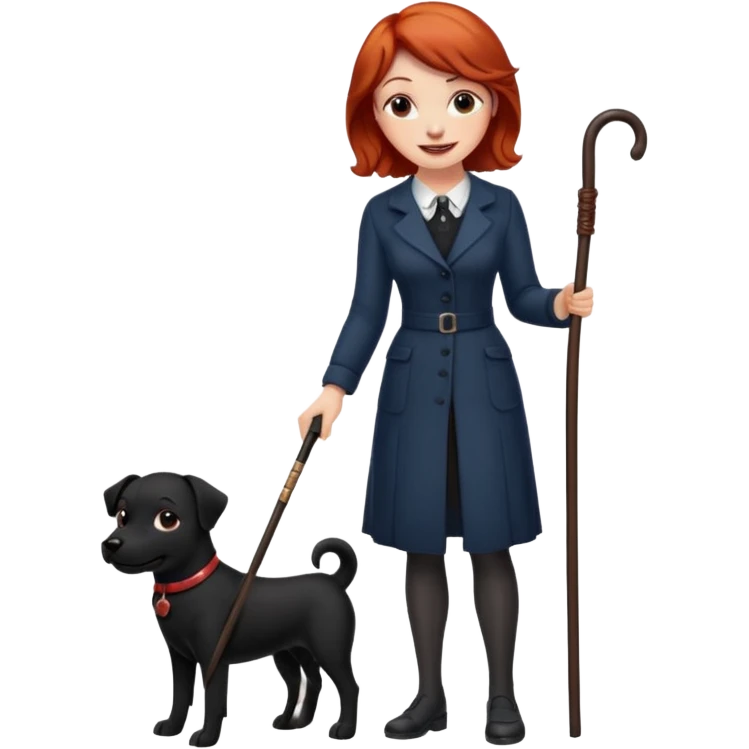 Red headed woman with a cane and a black dog emoji