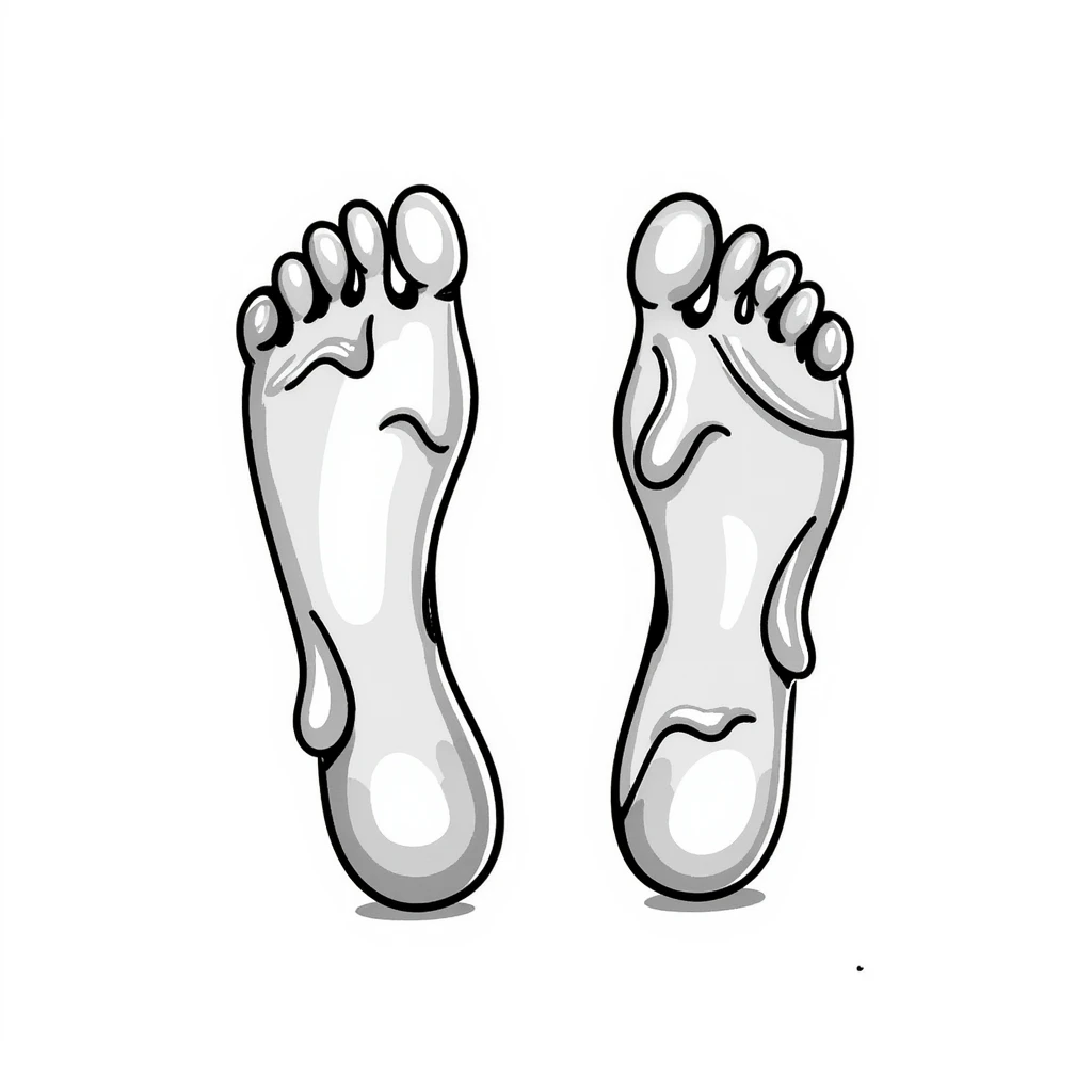 realistic drawing of two human foot soles covered with white sticky tree sap, detailed illustration emoji