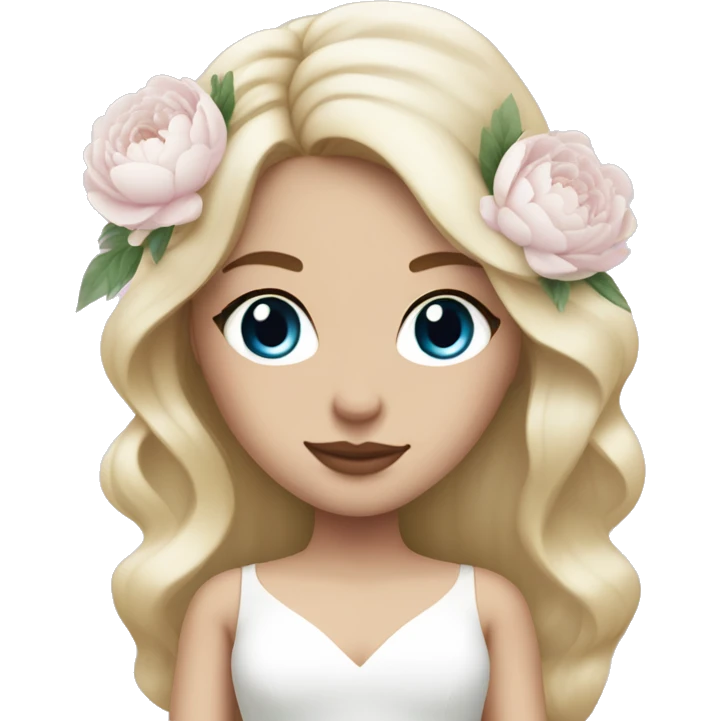 White bride with long light blonde hair and blue eyes with light pink peonies in hair white skin  emoji