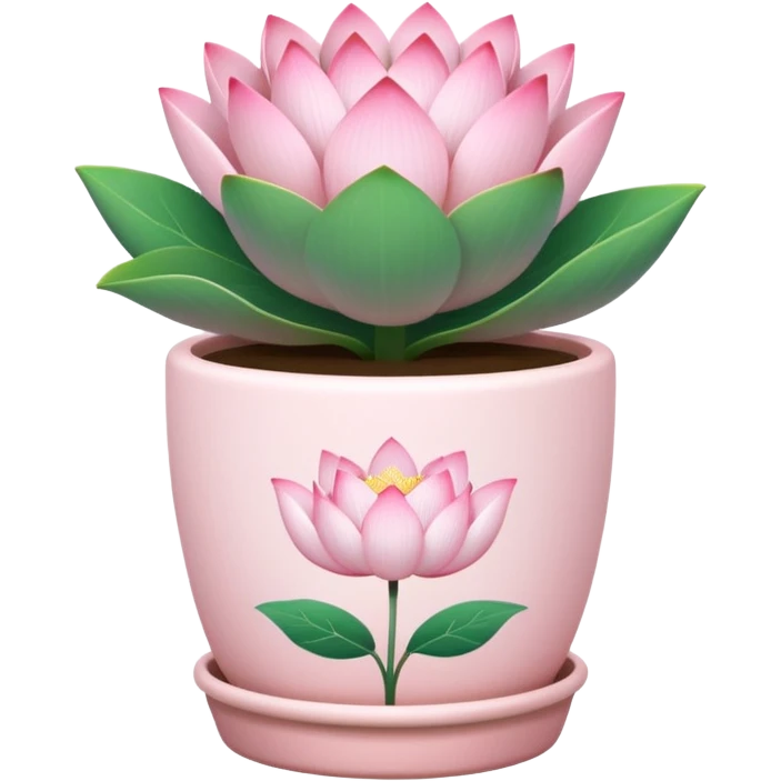 Short, cylindrical ceramic flower pot in pastel pink, containing a lotus flower plant. emoji