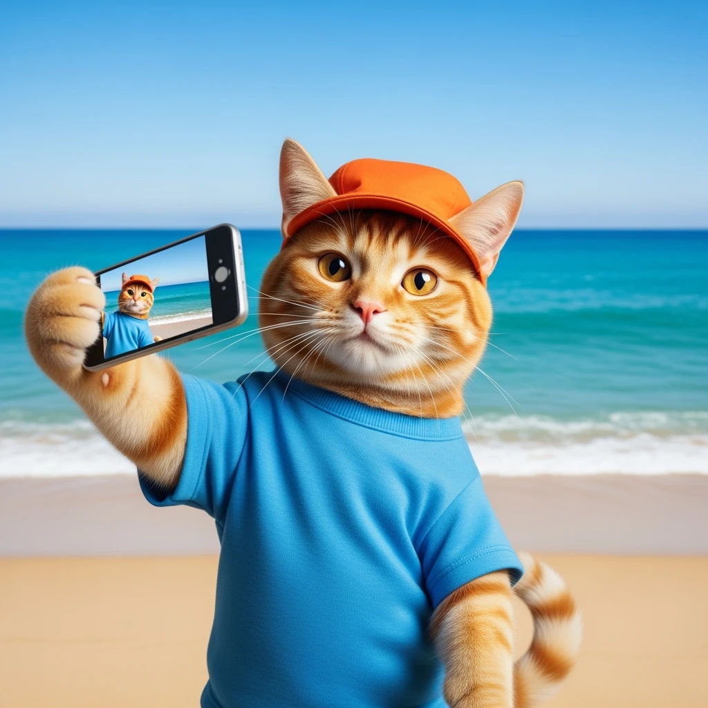 Orange tabby cat in a t-shirt and cap taking selfies against the background of beach and blue sea, shot with an 85 mm f/11 lens, ISO 100, 8K RAW, no blur emoji