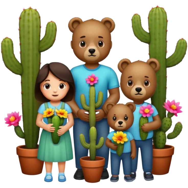 4 bears, mom & dad, boy and girl, with flowers and a cactus  emoji