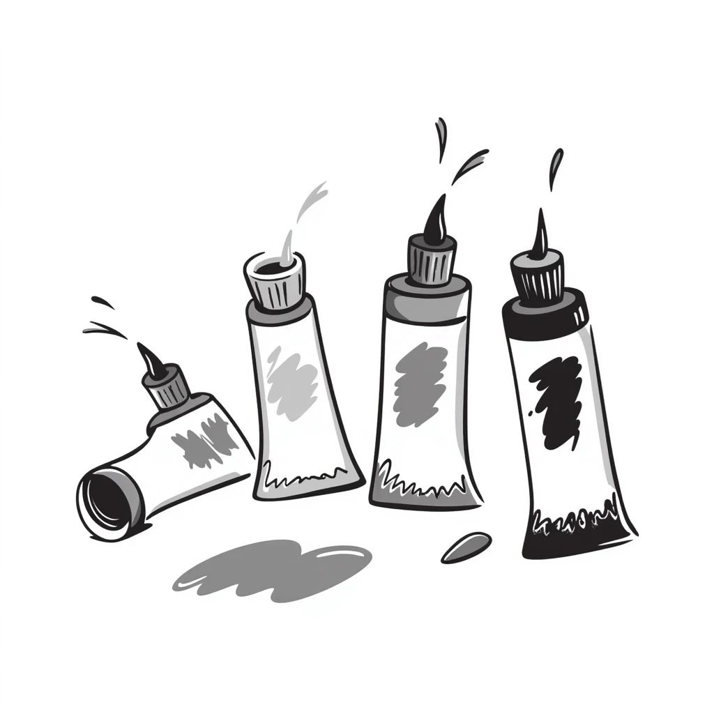 Art paint tubes with different colors squeezed out in pastel colors (dd9fb0, ffc6d3, a3bfc9, c4bee2, f1b091), hand-drawn doodle style emoji
