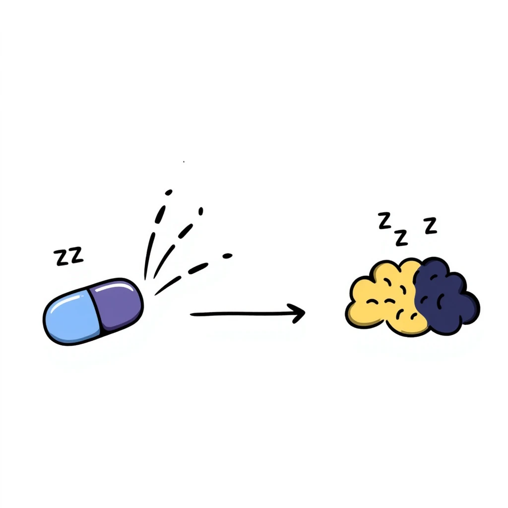 Hand-drawn sedative medication concept: blue pill releasing purple calming waves toward a yellow brain that's gradually turning dark blue (sleeping). Small ZZZ sleep icons floating above. Simple diagram with arrows showing sedative pathway from pill to sleep state. emoji