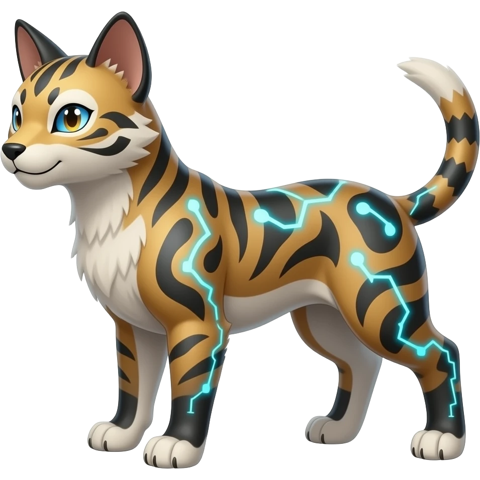 Digitigrade elemental realistic pretty elegant sleek shiny patterned quadrupedal Randomly patterned Shinx-Liepard-Houndour-Arcanine-Electrike-Fakémon-Digimon-animal-hybrid, full body, short nub-tail emoji