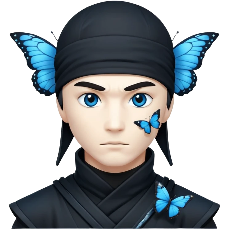 Crea una imagen con estos dos emoji 🥷🏻🦋
él ninja de piel blanca con la mariposa azu posada en el hombro como si estuviera volando. emoji