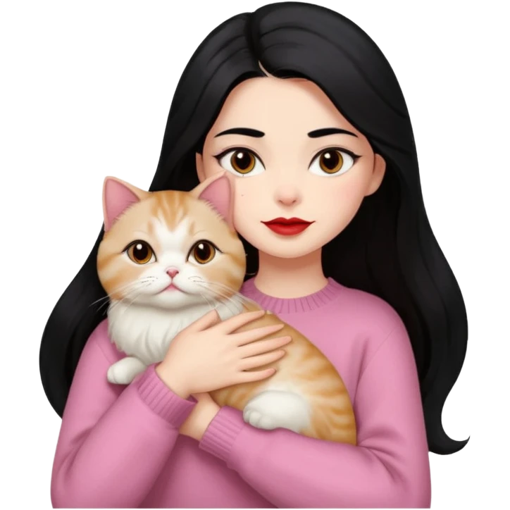 Beautiful Girl Long Hair black, Brows Big , Skin White, Sweater Pale Pink , Big Red Lips, Eyes marron , Hug Little baby Persa Cream Cat With Cute Eyes emoji