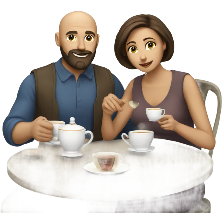 Bald man with beard and brown haired woman having a tea Time  emoji