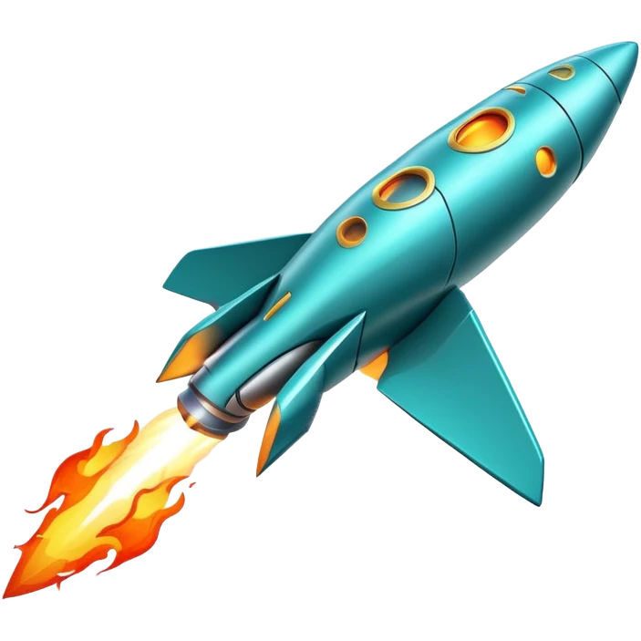 robotic teal spaceship launching to the right with rocket flames emoji