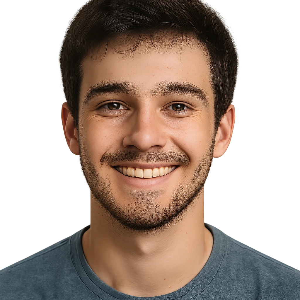 19-year-old boy with light beard and lightly grown mustache, happy expression, portrait, detailed, realistic emoji