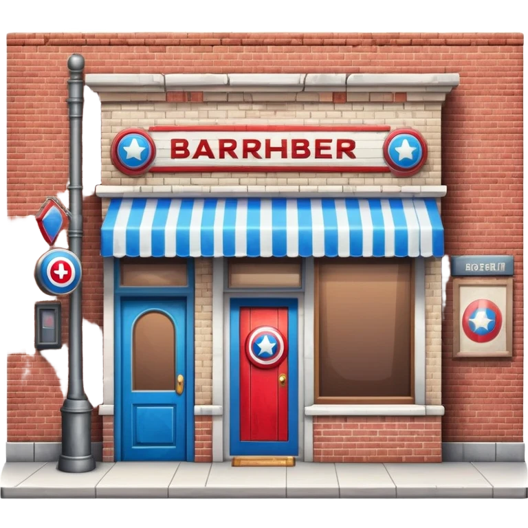 barbershop exterior with secret superhero lair hidden inside, barber pole, secret entrance emoji