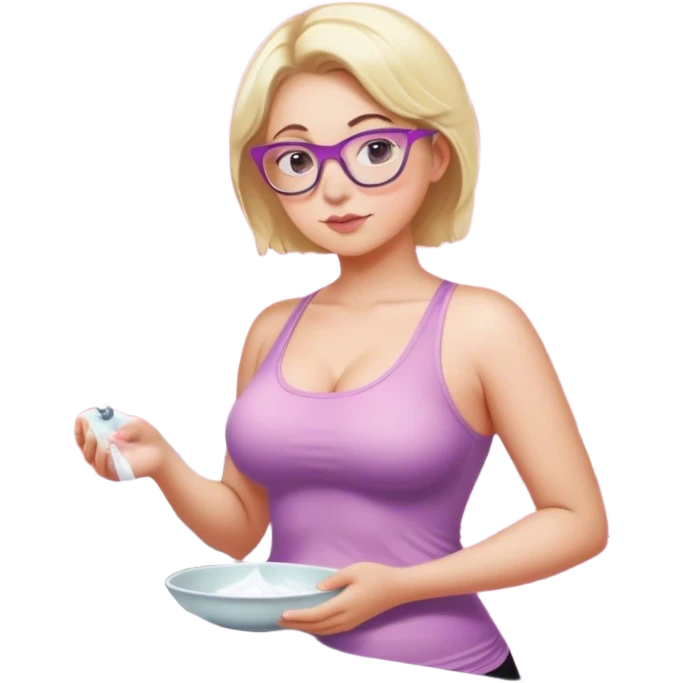 Seductive, Curvy fair skinned woman, short blond hair, small light purple reading glasses, washing dishes, SFW sheer pink tank top, without undergarments SFW, black yoga pants, thick booty emoji