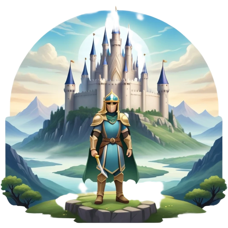 An icon featuring a hero with a closed visor, standing in a majestic, mystical landscape, inspired by RPGs like Elden Ring. The design includes a stunning, ethereal background with towering castles and distant mountains, symbolizing the adventure and mystery. Transparent background emoji