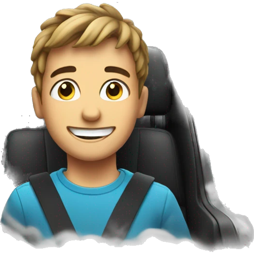 smiling boy in car interior with smoke around him emoji