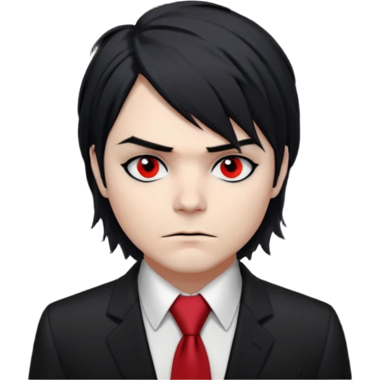 Gerard Way (Revenge Era)
Round, simplified emoji style
Pale skin tone
Jet-black, shoulder-length hair messy and emo
Heavy eyeliner and slight red shadow under the eyes
Subtle serious
Hint of red tie visible on black button up shirt.
Transparent background. Black eyeliner. Messy emo hair emoji