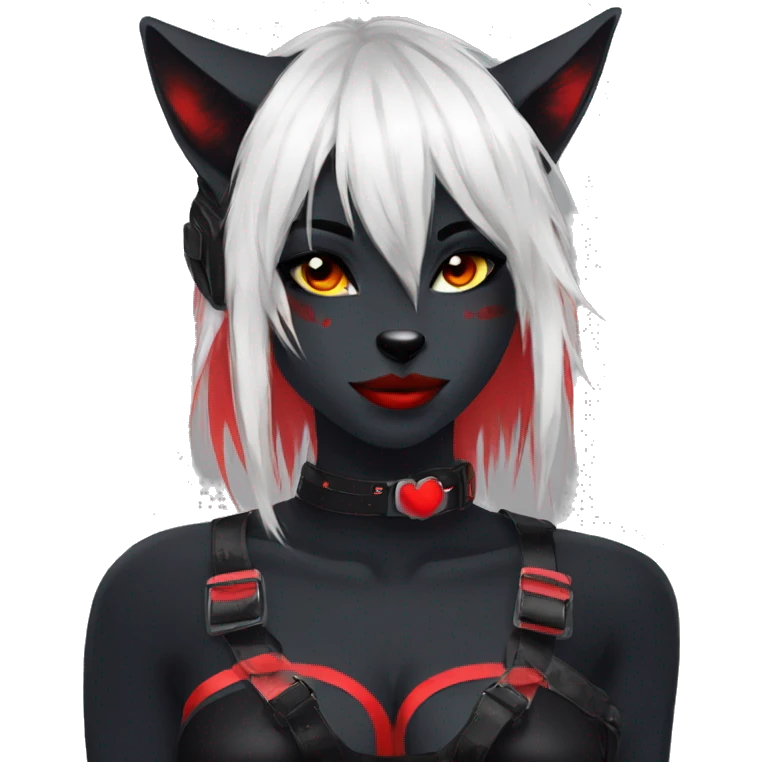 Anthro Edgy Cool Beautiful Black Cat-Fursona with Emo Hair-bangs with Red Streaks Chest Harness emoji