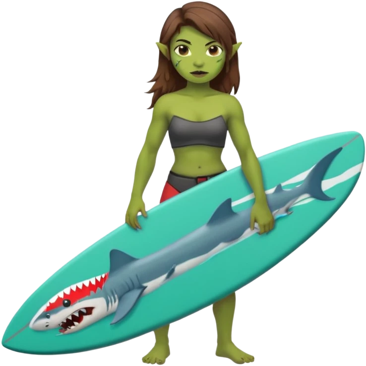 orc female holds a little surfboard with a shark painted vertically in his hands emoji