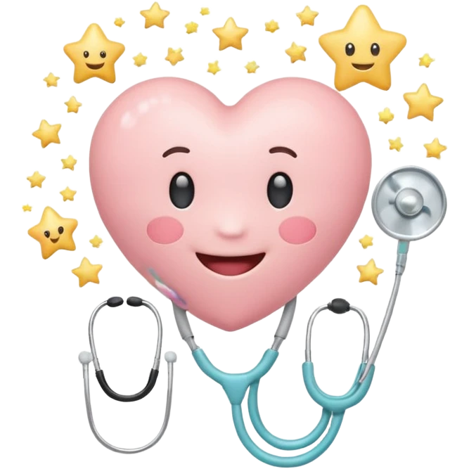 Cute pastel emoji of a smiling heart wearing a stethoscope like a hug, tiny brain inside, little sparkle star, soft glow, rounded edges, cozy and aesthetic. emoji