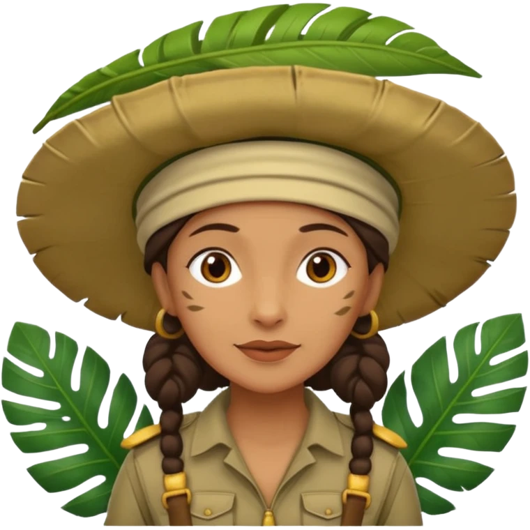 a old female explorer with jungle wearing a large leaf headgear bye  emoji