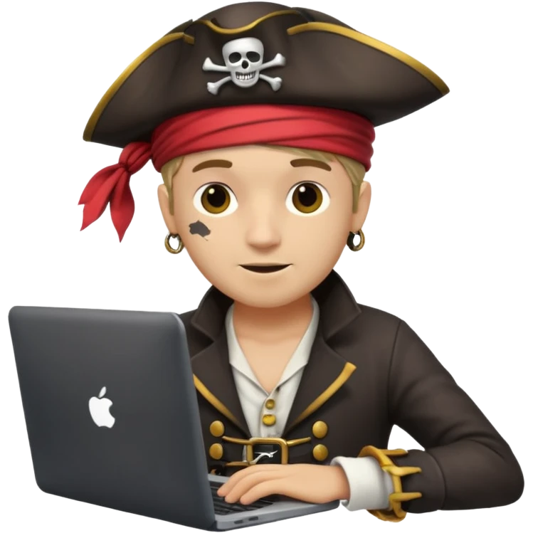 pirate dressed as a programmer, with a laptop, coding, playful and clever expression, modern pirate hat, tech gadgets emoji