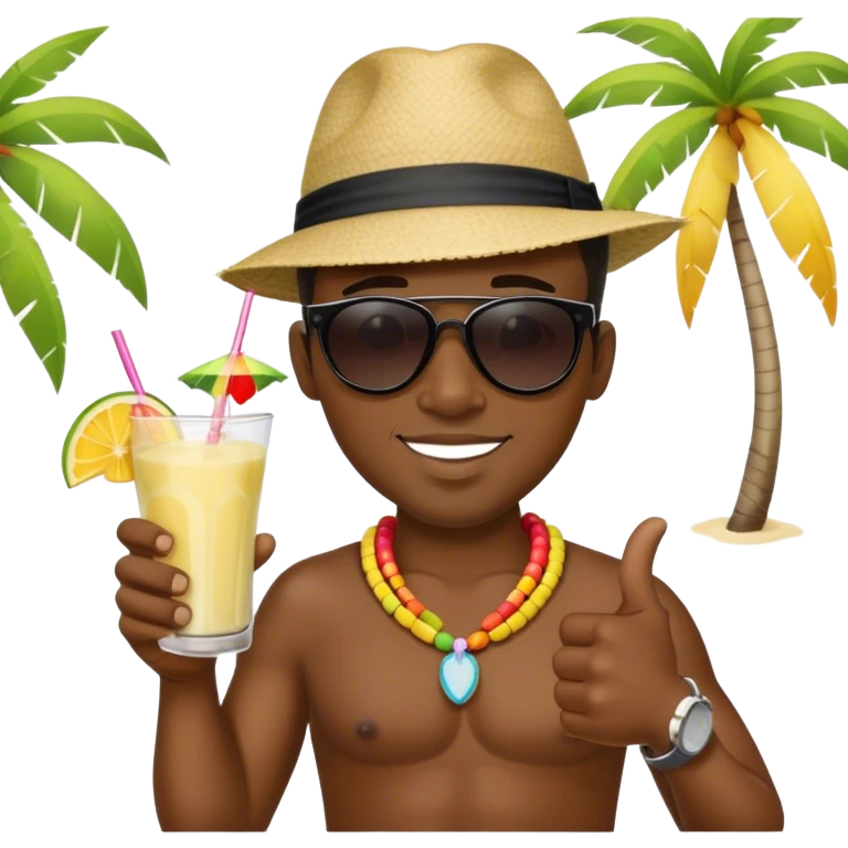 West Indian black male on beach sipping Colada with a thumbs-up emoji