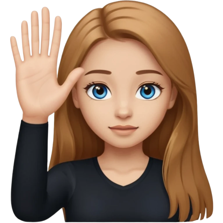 A girl with long eyelashes, long light brown hair, blue eyes, with her palm up. with black undershirt emoji