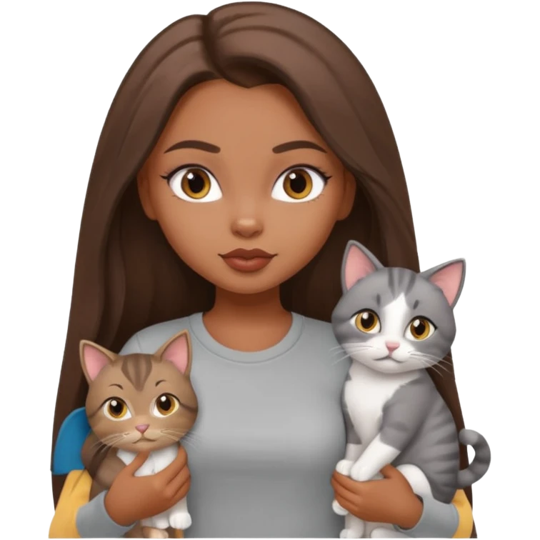 a pretty bratz dusky girl with long brown hair with four cats nd wearing a grey tshirt emoji
