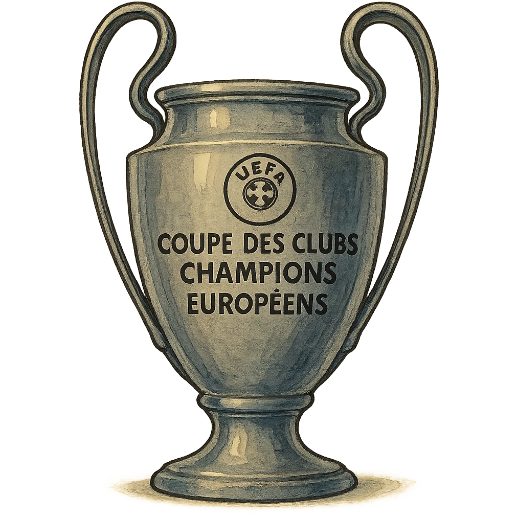 Add the UEFA logo and the text 'COUPE DES CLUBS CHAMPIONS EUROPÉENS' to the trophy, keeping the style detailed and elegant. emoji